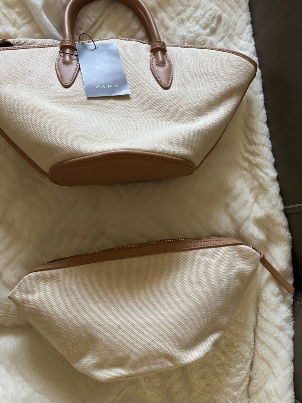 Zara Cream Canvas Tote with Tan Trim and Shoulder Strap - Picture 5 of 7